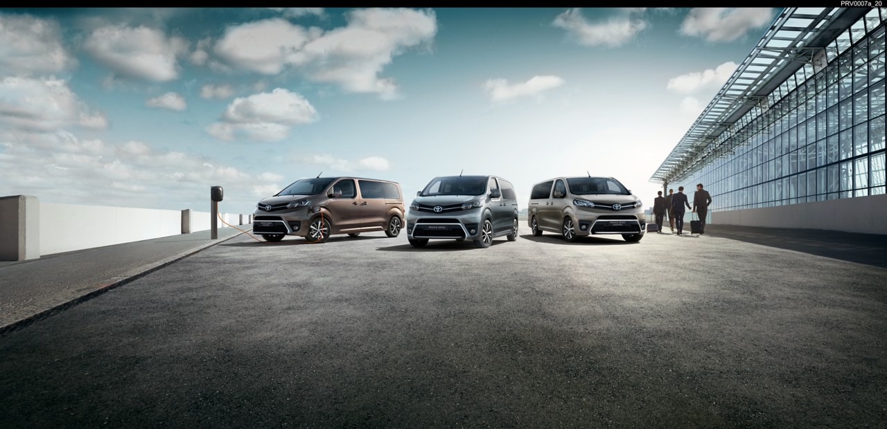 Models shown are  Proace Verso Shuttle Long in Grey Limestone (NEU),  Proace Verso VIP Medium in Misty Black (EXY) and PROACE VERSO Family Compact in Rich Brown (KCM)	